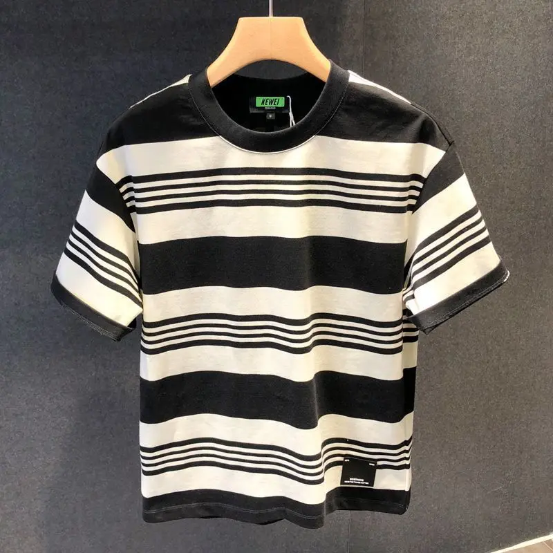 Striped Summer New Short Sleeve T-shirt Men's Loose Half Sleeve Trendy round Neck Versatile Casual Fashion Retro T-shirt