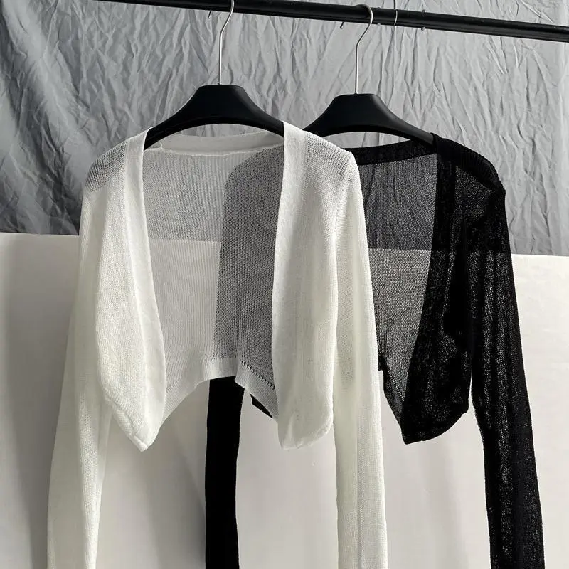 Áo Khoác Cardigan Dệt Kim Lụa Lạnh Mỏng Khăn Choàng Chống Nắng, Trang Phục Mùa Hè Cho Nữ, Phong Cách Hàn Quốc, Dáng Rộng Vừa Vặn, Áo Ngắn Màu Đen, Thời Trang 0