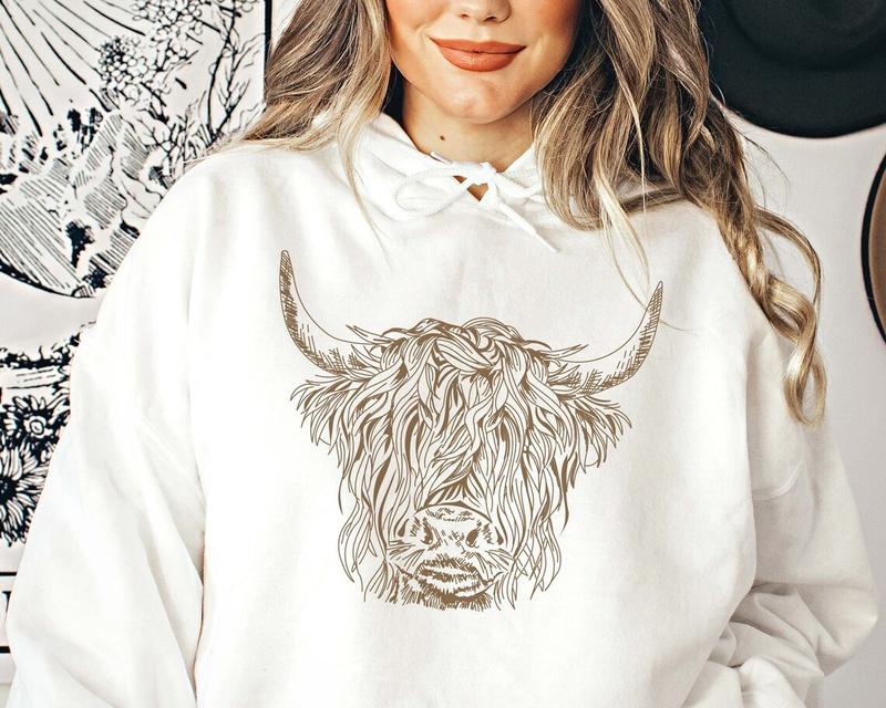 Highland Cow Hoodie, Country Hoodie, Western Sweatshirt, Highland Cow Shirt, Highland Cow Sweatshirt, Western Clothes, Farm Hoodie, Cows Casual Cotton Menswear Fabric Fashion Medium Smooth Sweaters Tops Tee 2