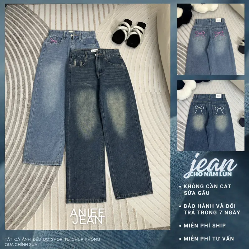 Quần jean ống rộng,quần bò nữ ống suông Aniee cạp cao thêu nơ túi vải denim màu xanh sáng dài 90-92cm dành cho nấm lùn - SUONGTHEUNO Women 0