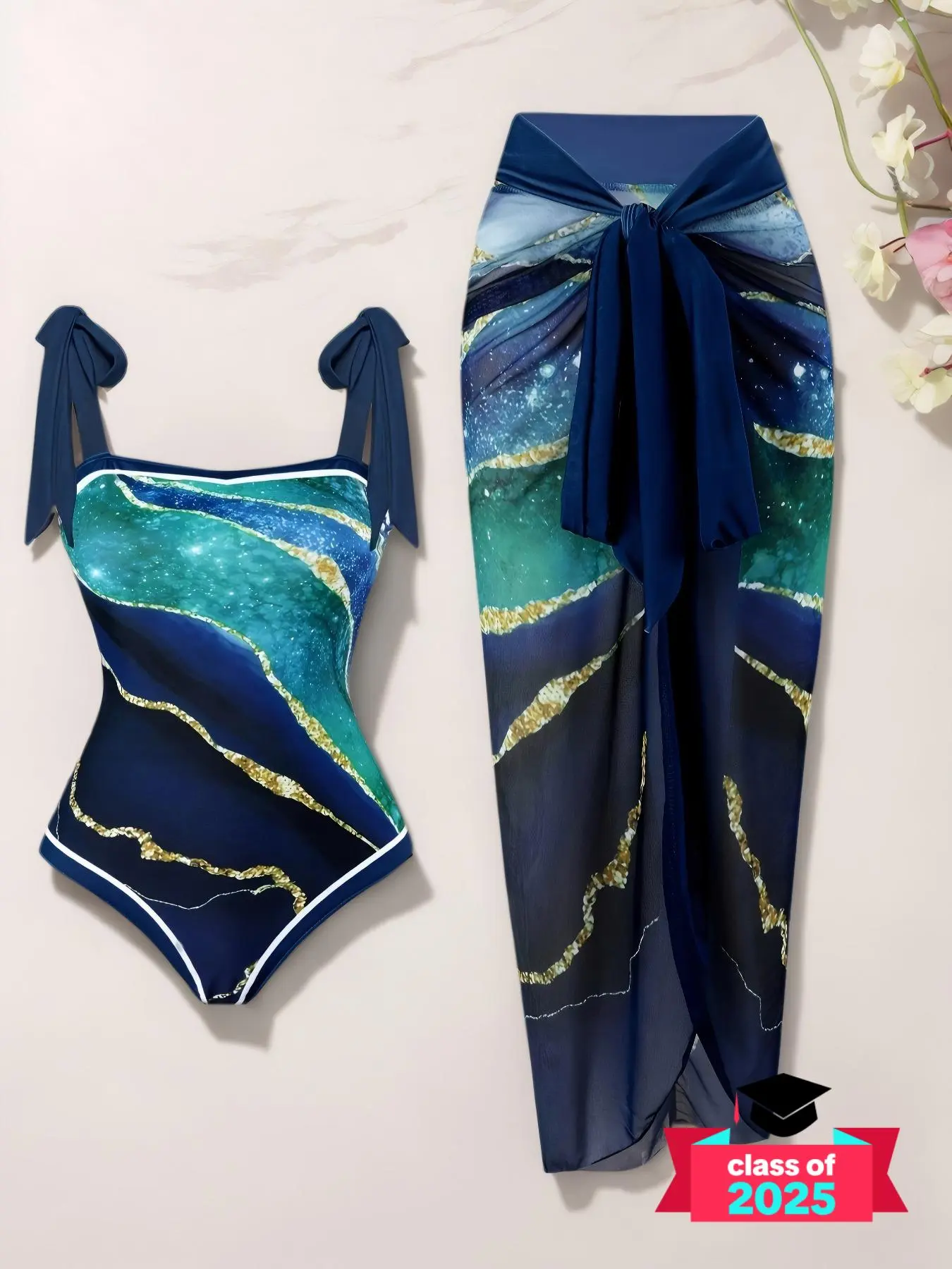 Women's Colorblock Print One-piece Swimsuit & Cover Up Skirt Set, Casual Fashion Swimwear Set for Beach Holiday Vacation, Ladies Swimsuit for All Seasons, Swimming