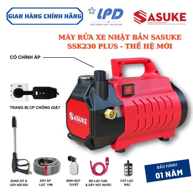Máy Rửa Xe Cao Cấp Chỉnh Áp Sasuke SSK230 PLUS Công Suất 2300W lực nước siêu mạnh với mô tơ từ lõi đồng dây áp lực 15m