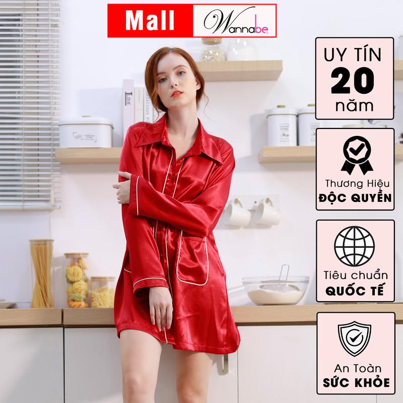 Đầm ngủ sơ mi lụa cao cấp WANNABE váy ngủ kiểu dáng pijama rộng rãi thoải mái tay dài viền gân nổi có túi tiện lợi Nữ Women Dress Đỏ Tay Loe DNS44 Tay Loe 4