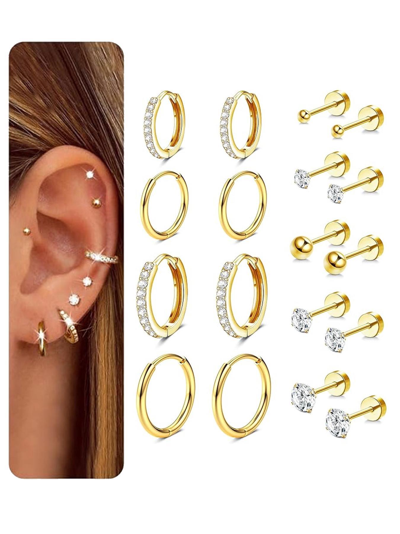 女性用ピアス9ペア、14金ゴールドフープピアス／スタッドピアスセット 