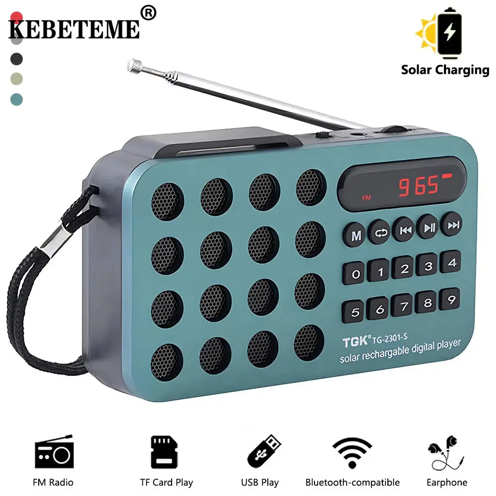 KEBETEME Rechargeable Portable FM Radio Mini Solar Bluetooth Wireless Speaker Support USB TF Card MP3 Music Player with FM Radio Receiver