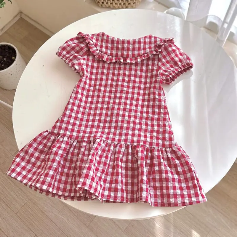 [Pinkids] [8-26kg] [1-6 tuổi] Váy Bé Gái Cổ Sen Dáng A Đuôi Cá Caro đỏ Cổ Nhọn Xinh Yêu Cho Bé Mặc Đi Học, Đi Chơi,.... 1