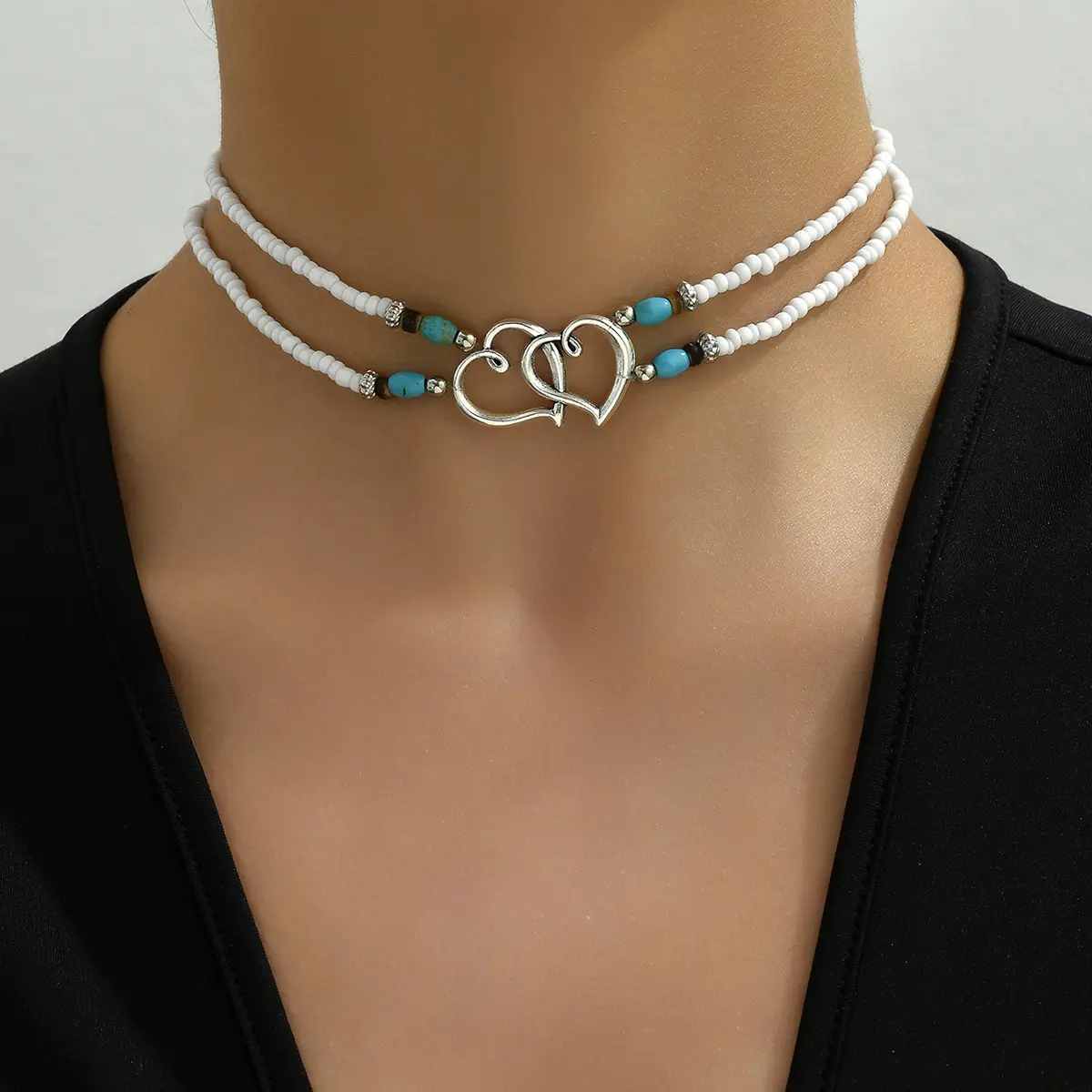 Beach Vacation Style Double Layer Seed Bead Anklet Double Heart Beaded Necklace Turquoise Necklace Bracelet Body Chain Set for Women