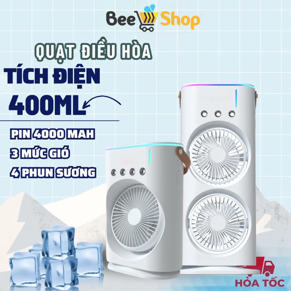 Quạt Điều Hòa Tích Điện BeeGroup Plus, 2 Tầng, Làm Mát Bằng Hơi Nước, Phun Sương, Đèn Led Fan