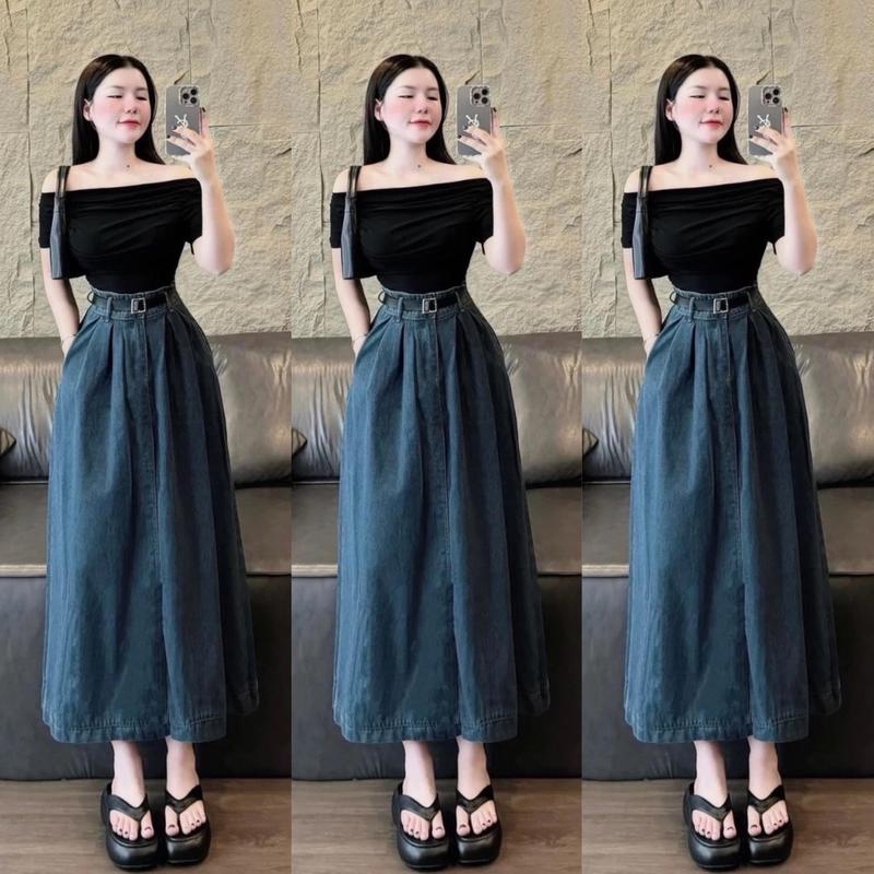 CC3- sét váy jean, áo thun tăm trễ vai phối chân váy giả jean dáng dài xòe rộng, kèm dây nịt và hình thật (38-57kg) Nữ Women Top váy  tiệc