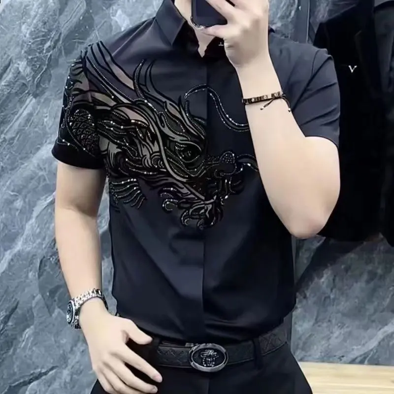 Spring and Summer Fashion Dragon Head Shirt Men's Short Sleeve High-end Business Men's Stylish National Trend Dragon Pattern Short Sleeve Shirt Men's Footwear