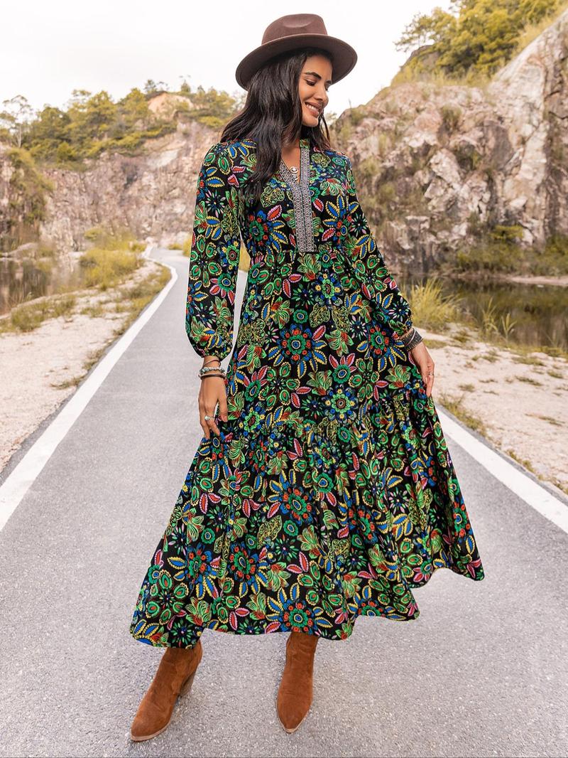 Product Introduction of Women's Floral Print Embroidered Trim Bishop Sleeve Notch Neck A-line Long Dress, Dresses for Women, Boho Spring & Fall Summer, Maxi Dresses for Vacation, Holiday Dresses, Belleza Fits, Womenswear 13
