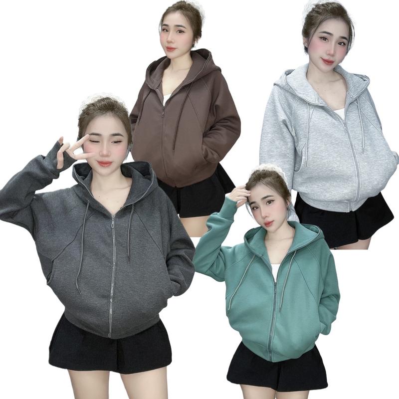 Áo Khoác Nữ Kiểu Trơn Basic Pc Cotton Điều Hoà By Đào Tuyền Store ★ đen trơn thêu việt nam ★ nâu hoodie  zip Women Top