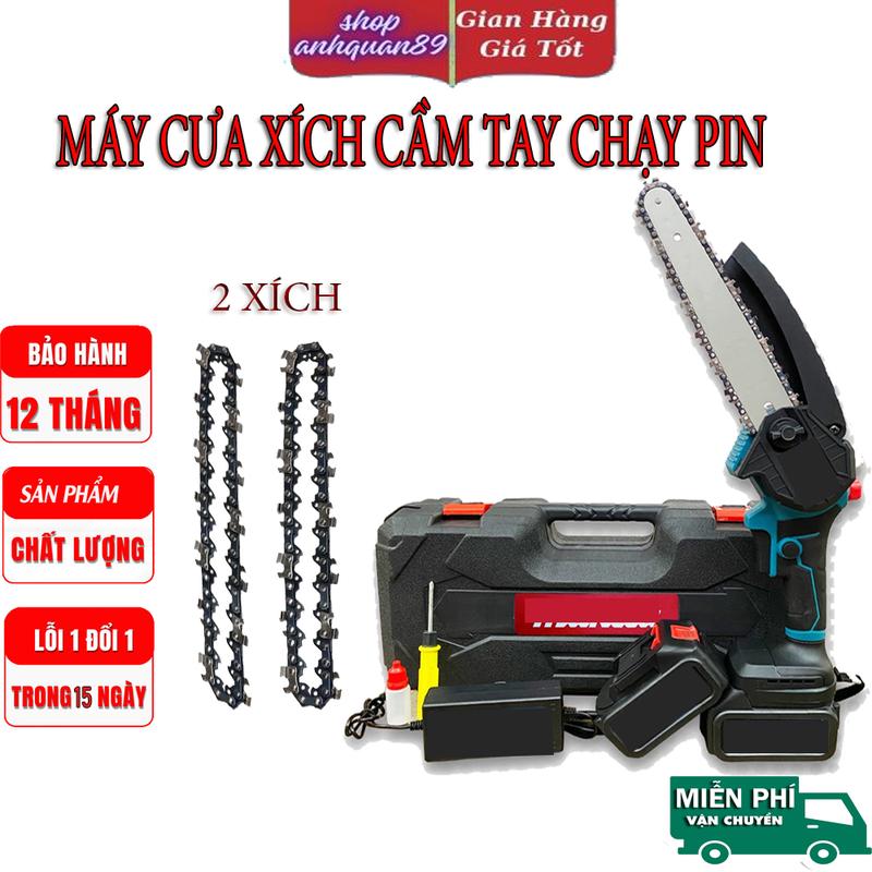 Máy Cưa Xích Cầm Tay Tra Dầu Tự Động 2 Xích 2 Pin 199V 6Ich Máy Cưa Pin Mini Cưa Gỗ Lõi Đồng Mạnh Mẽ Bền Bỉ Tiện Lợi Cho Mọi Nhà BH 12 THÁNG