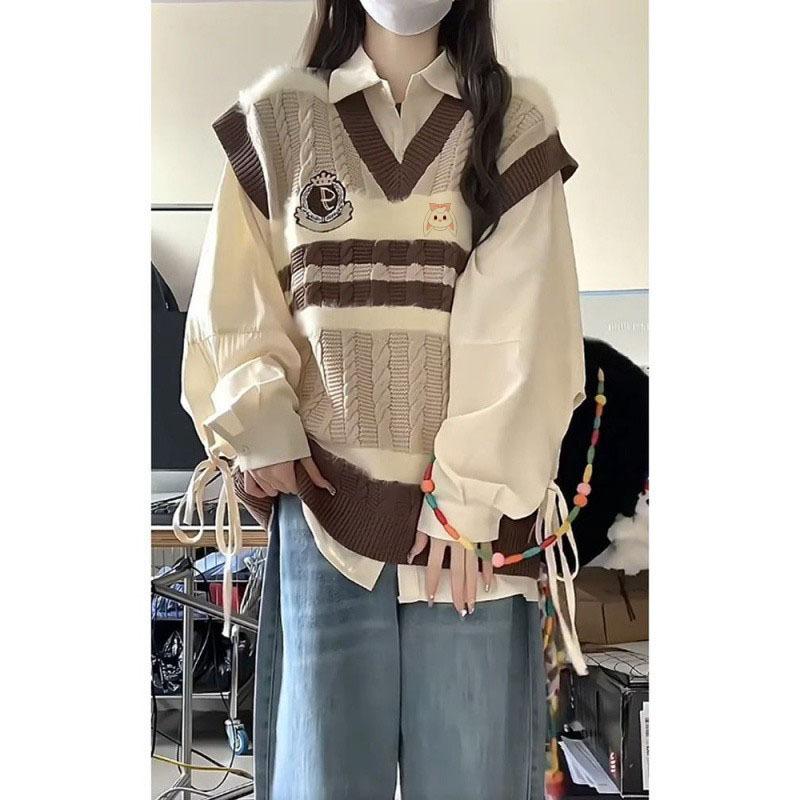 Product Introduction of Bộ Đồ Hai Mảnh Cho Nữ, Phong Cách Preppy Ngọt Ngào Nhật Bản, Màu Tương Phản, Áo Vest Dệt Kim Cổ Chữ V, Áo Sơ Mi Dài, Thích Hợp Cho Mùa Xuân Và Mùa Thu, Hàng Mới Về Women Nhung Jacket Top Pants Kem 9