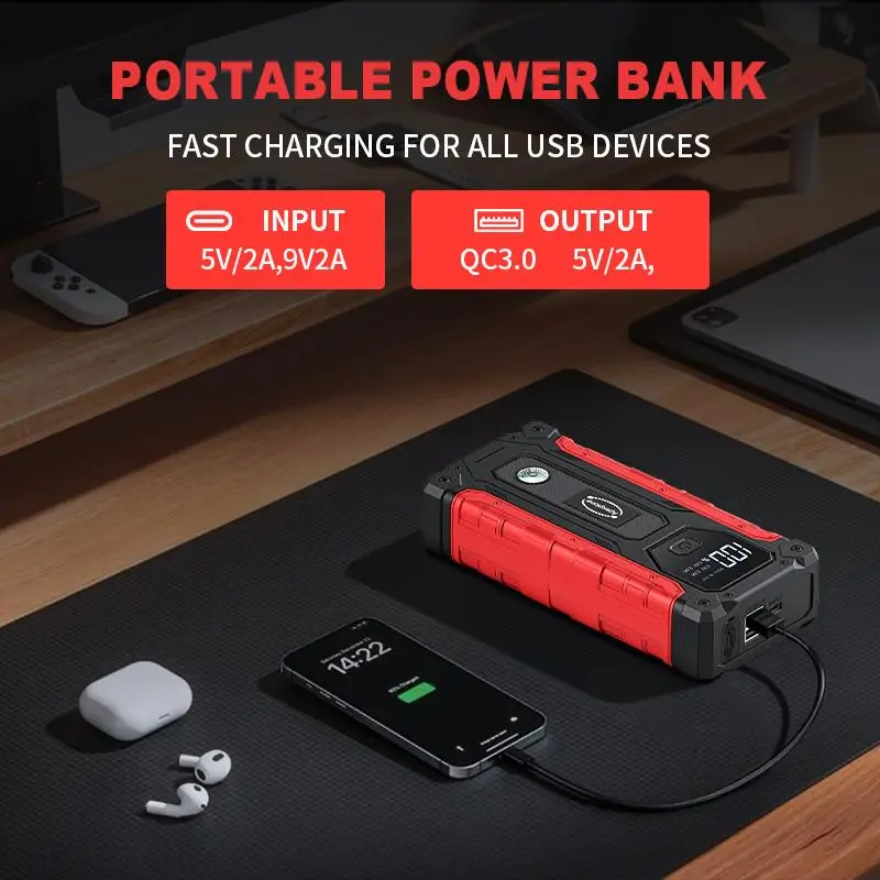 12V High-current Portable Jump Starter Kit, Car Battery Jump Power Pack, USB Fast Charging, Built-in LED Light, Compass Included, Battery Storage Box 4