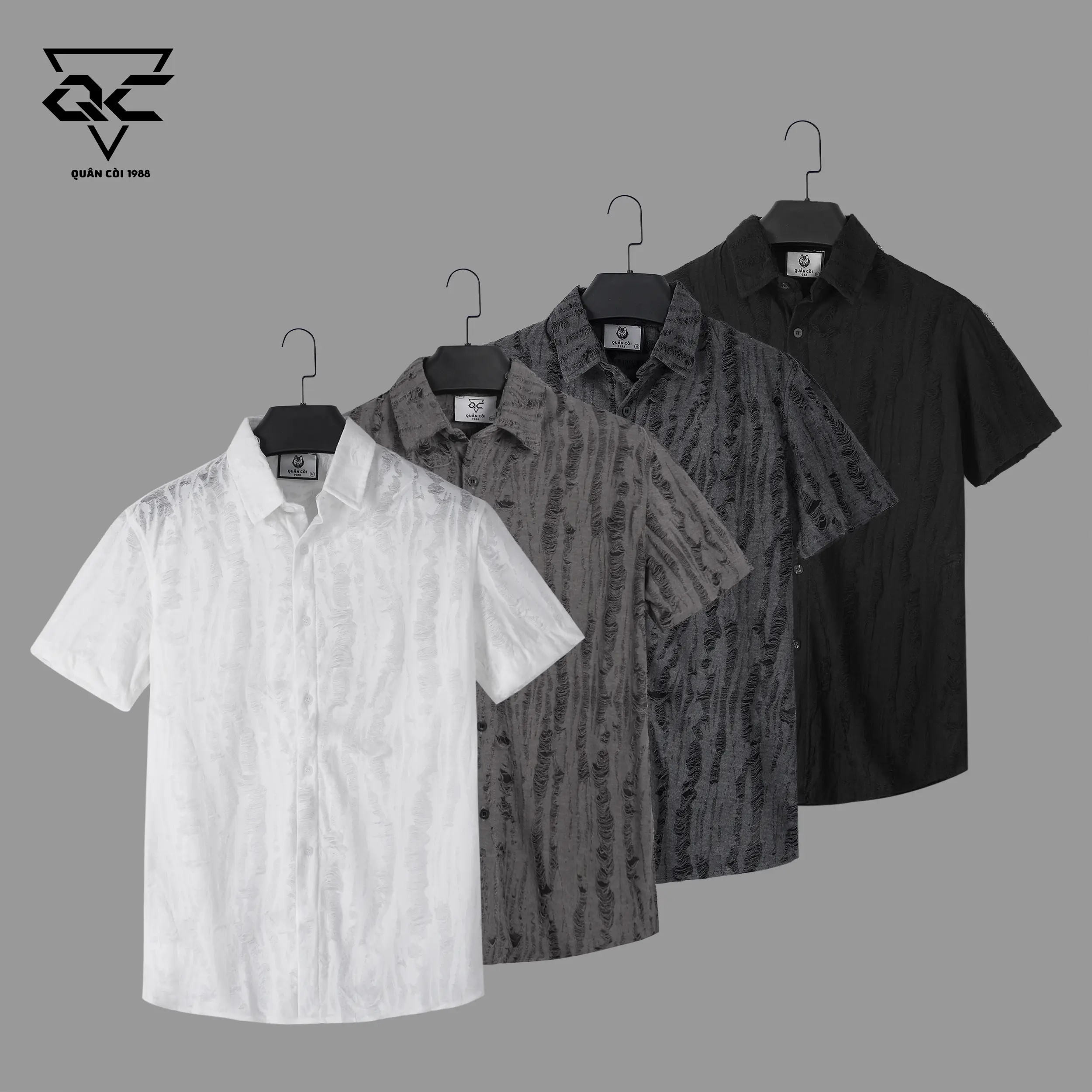 Áo so mi  cộc tay Nam ,Nữ  AT-181 (Quân còi 1988)  chất cotton woat rách Menswear Sơ Mi Ong Cổ Tròn Có Cổ Trắng