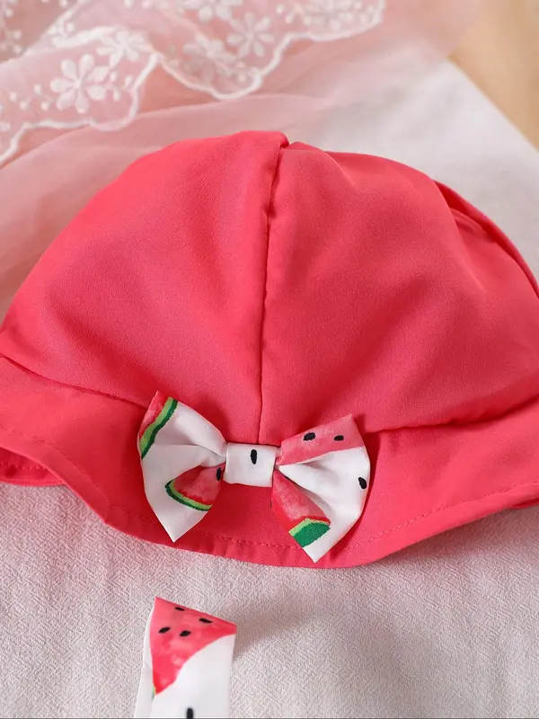 Baby Girl's Watermelon Print Sleeveless Bodysuit & Hat Set, Cute Bodysuit for Infant Toddler Kids, Newborn Baby Girls Clothes for Summer 2
