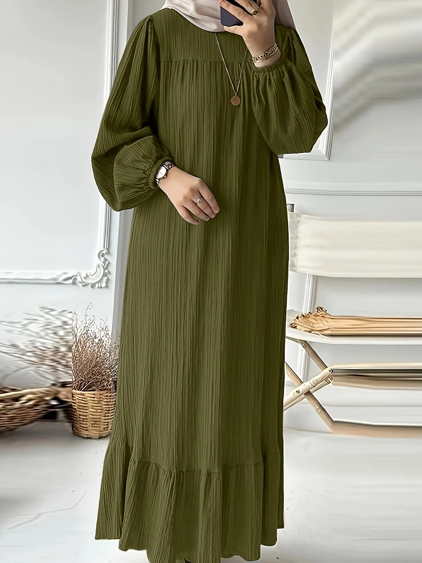 Women's Solid Textured Ruffle Hem Dress, Casual Round Neck Bishop Sleeve Dress for Spring & Fall, Women's Dress for Daily Wear, Modesty Dresses for Women