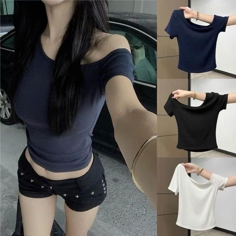 (Có size lớn) Áo thun tay ngắn lệch vai bên top nữ dáng croptop Women Cổ Tròn