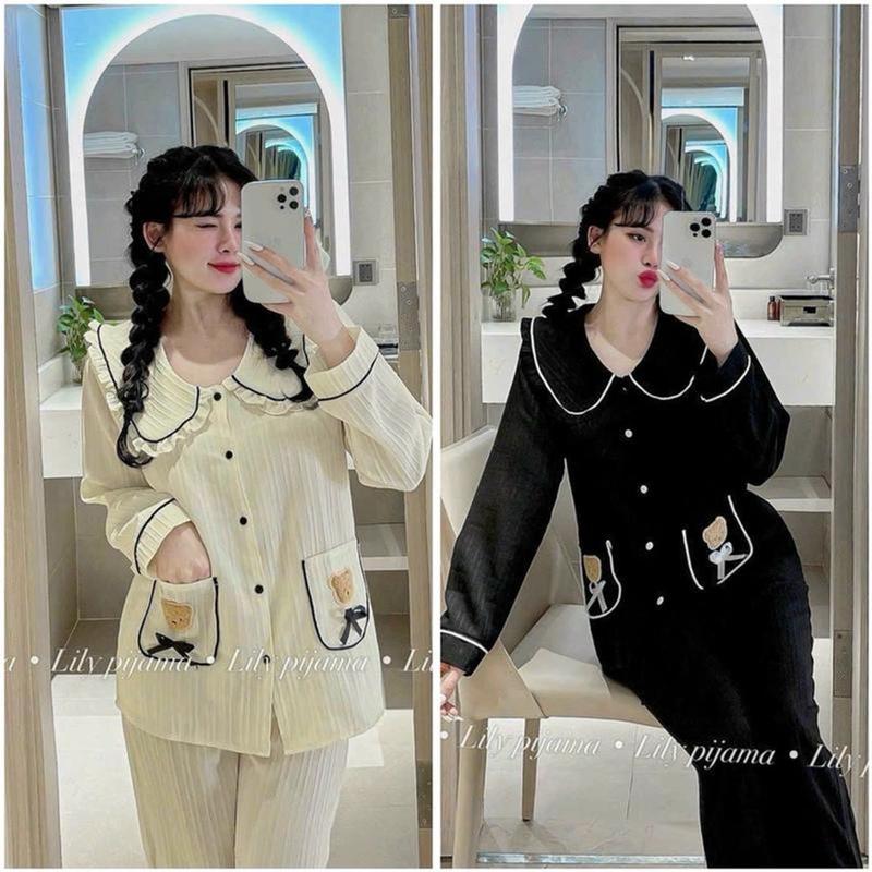 Combo 2Bộ Pijama GẤU CỔ sen áo dài tay quần dài 1