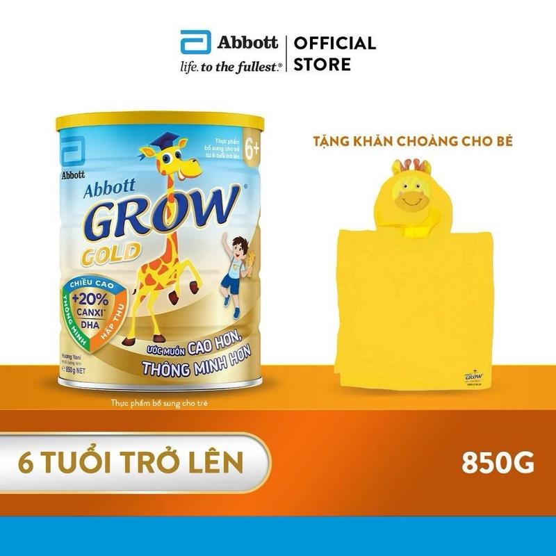 Abbott Grow Gold 6+ 850g Sữa Bột Cho Bé trên 6 tuổi hỗ trợ chiều, Hấp Thu và Thông Minh Canxi hươu cao cổ công suachieu
