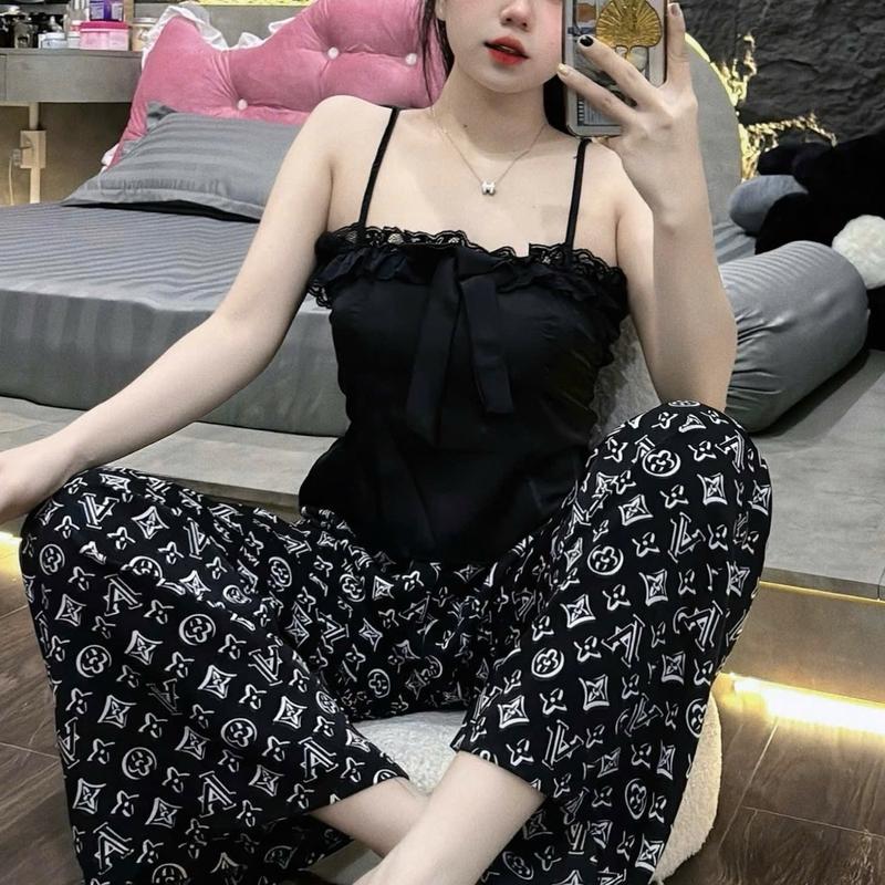 Sét bộ dây nơ lụa xinh (freesize 40-55kg) có mút ngực tôn dáng nhún chun cho nữ - Women Nữ Nhung Áo Quần Ngủ đồ Kem Sen Voi 7
