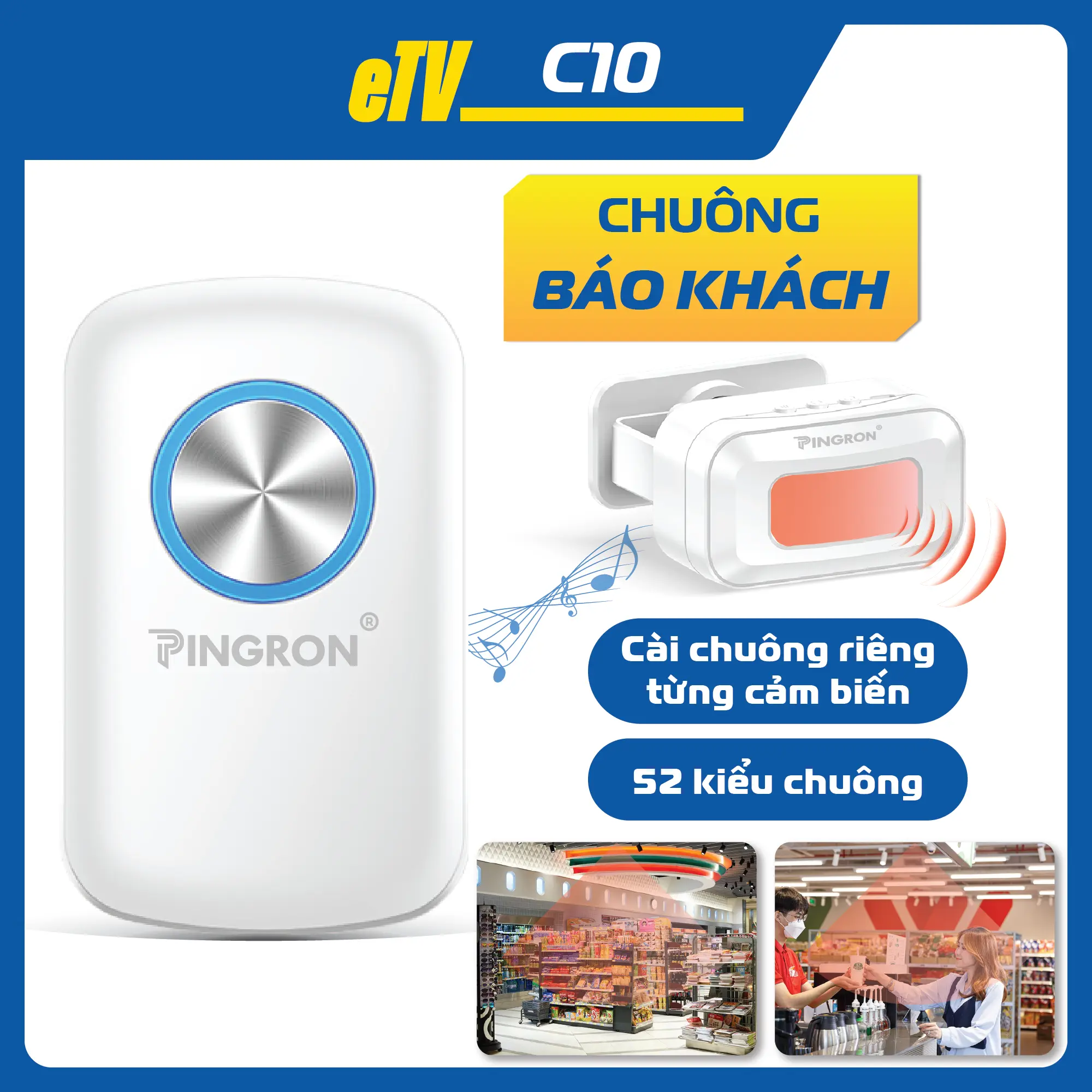 Chuông cửa không dây C10 Pingron, chuông báo khách tự động có thể kết hợp nhiều cảm biến phù hợp với cửa hàng và nhà ở chuông  cửa