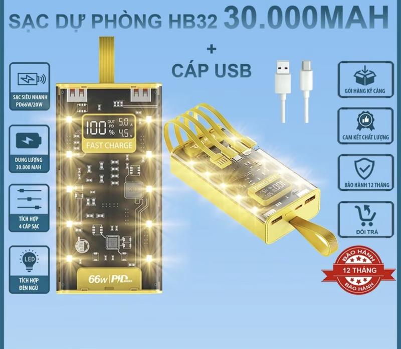 (TẶNG CÁP SẠC USB) Sạc Dự Phòng HB32 30.000MAH , Sạc Nhanh PD 66W Sạc Pin