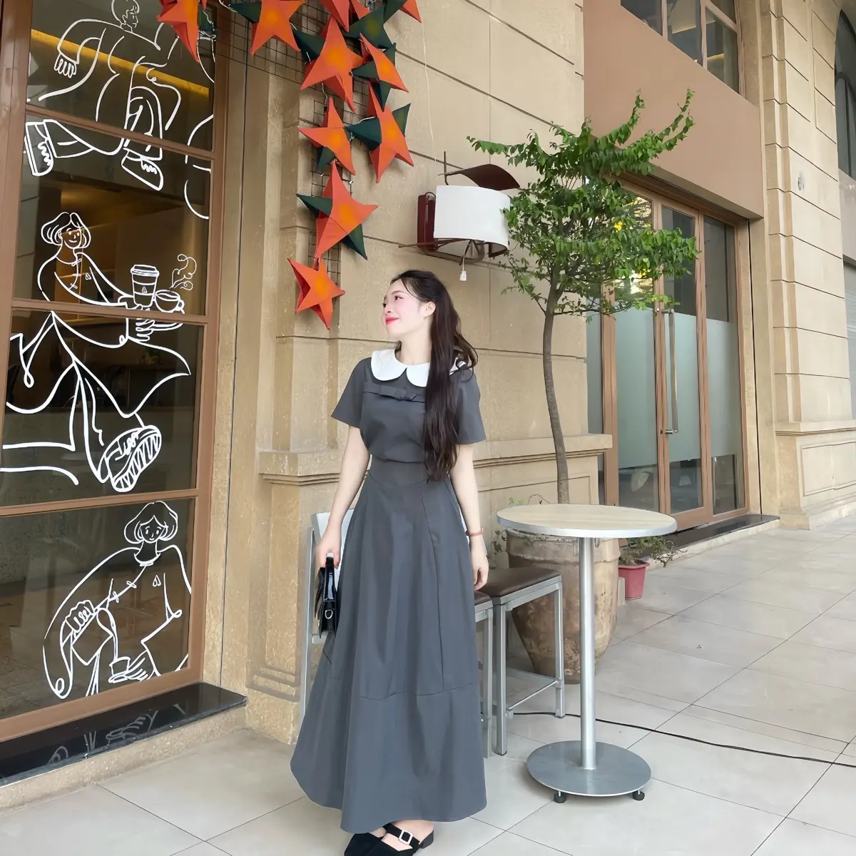 MIHAA STORE Set tiểu thư chân váy dài dáng xoè áo có cổ đơn giản dễ mặc Nữ Voi
