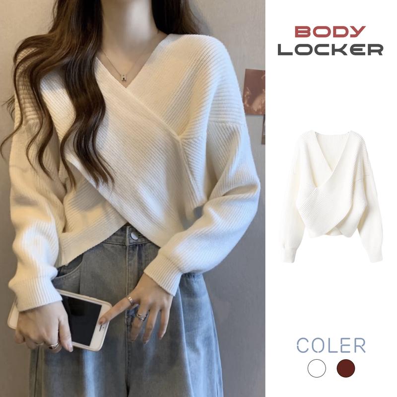 Áo Len Trễ Vai Vạt Chéo Nữ Dài Tay Màu Đỏ Đô Phong Cách Tiêu Thư, Áo Len Vạt Chéo Nữ Cổ V Dài Tay Màu Trắng Hàn Quốc