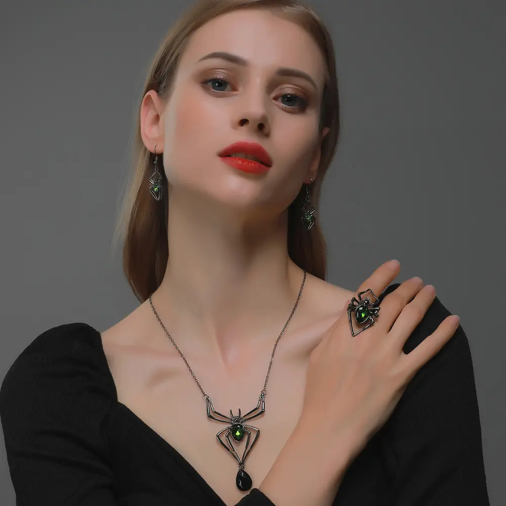 Halloween Jewelry Exaggerated Personalized Three-Piece Spider Necklace Earring Ring Retro Emerald Accessories Set