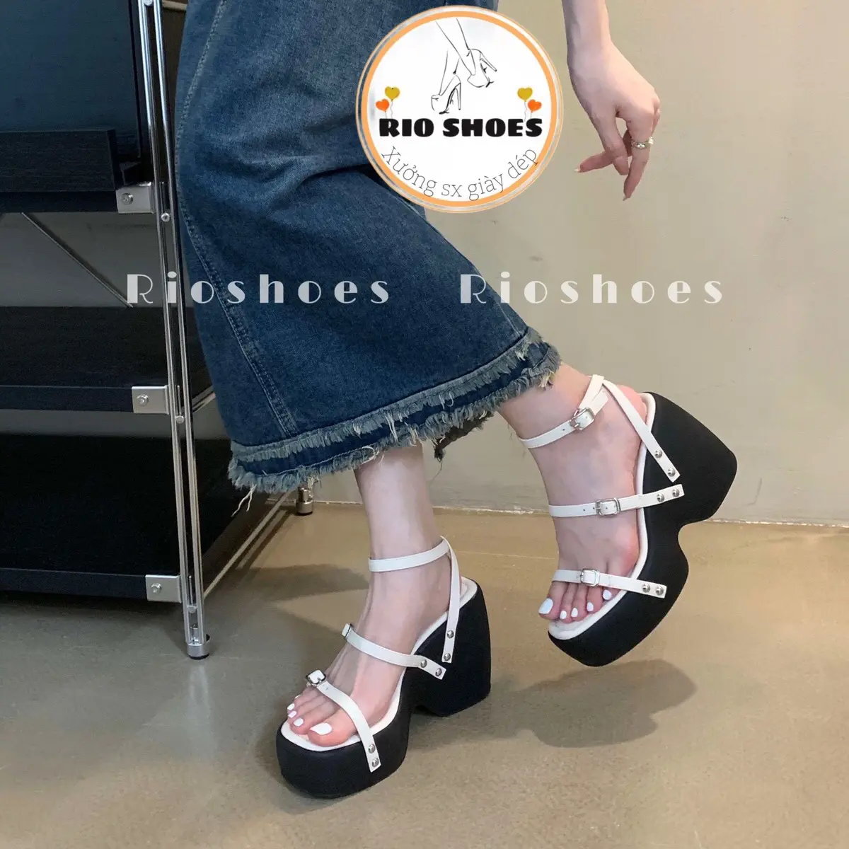 Giày siêu cao đế đúc siêu nhẹ cao 12cm rioshoes khoá cài chỉnh nất tiện lợi đi tiệc đi chơi Nữ Women gót DéP Jean Nhung Sandal