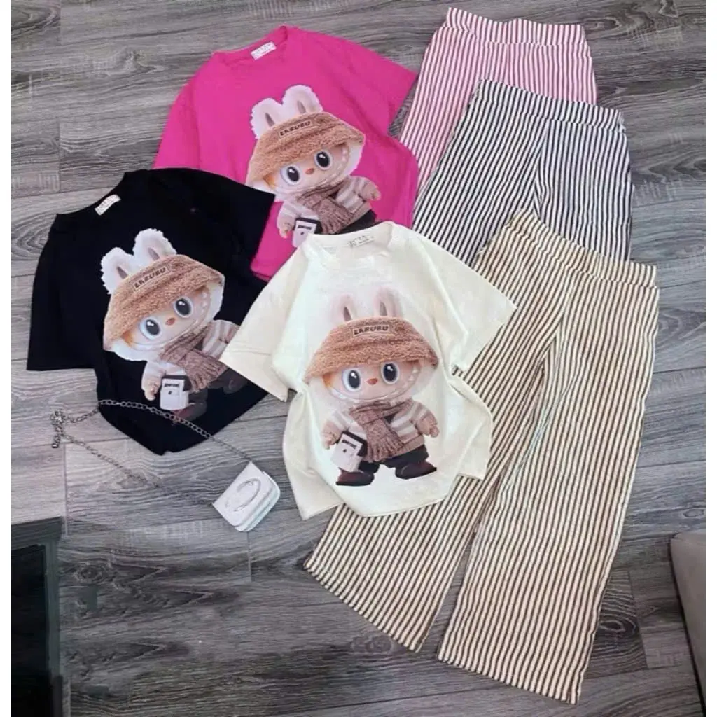 sét bộ quần dài áo thun labubu 3 màu ( quần kẻ sọc ) phong cách đáng yêu size 9-45 kg mã c111