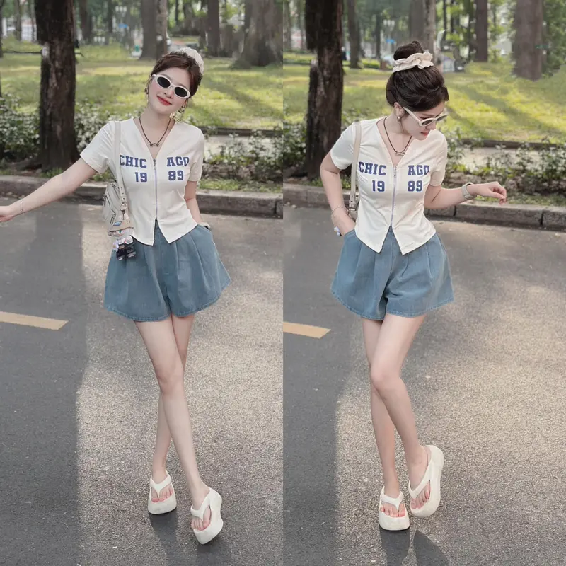 Set đồ nữ áo cổ V vạt xẻ kèm quần đùi ống rộng, áo nữ ngắn tay quần short TS140 Women Kem 4