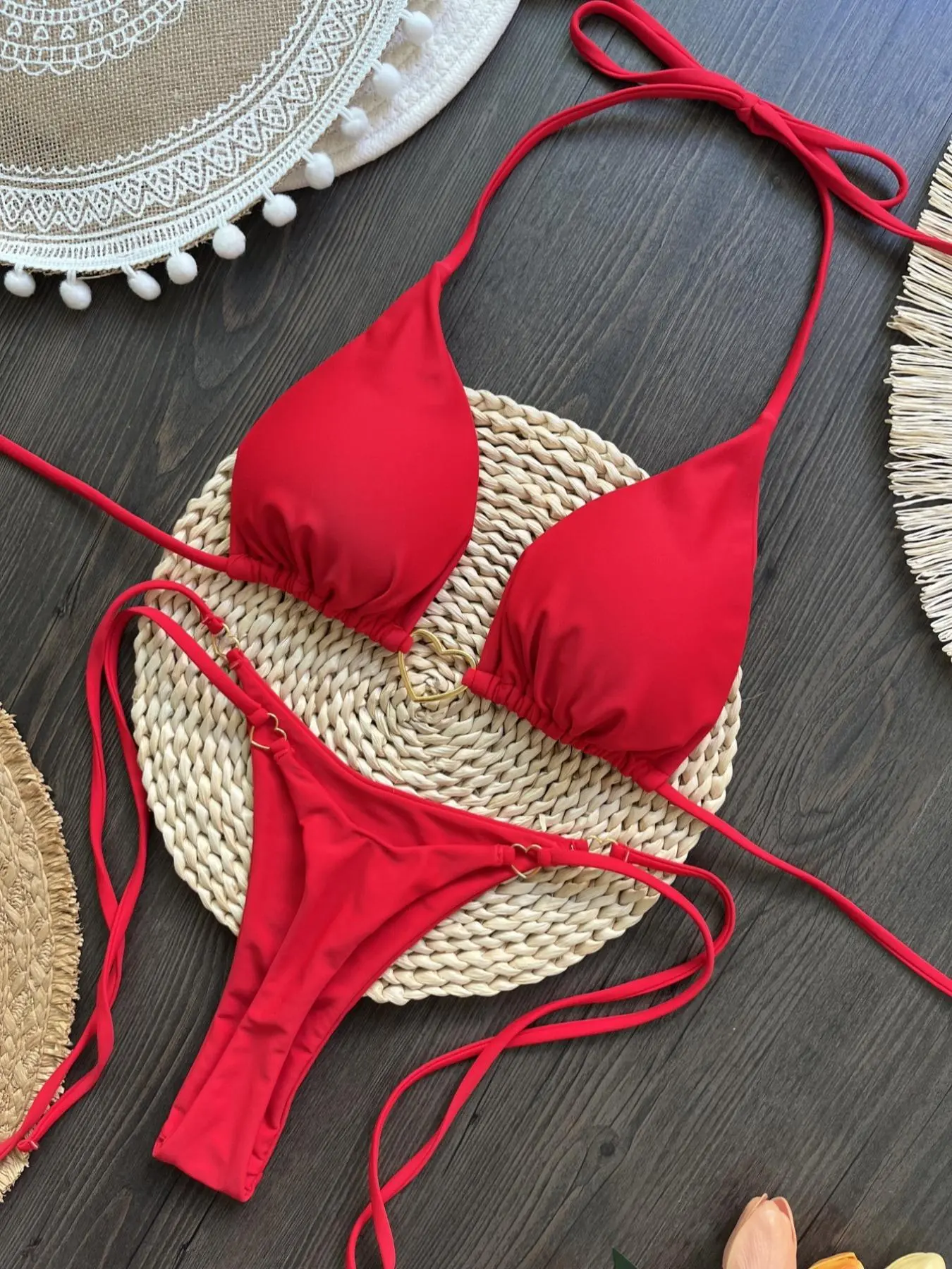 Two-Piece Set Women's Solid Color Bikini Set, Casual Halter Neck Tie Back Swim Bra & Swim Panty, Ladies Swimsuit for Beach Holiday Vacation