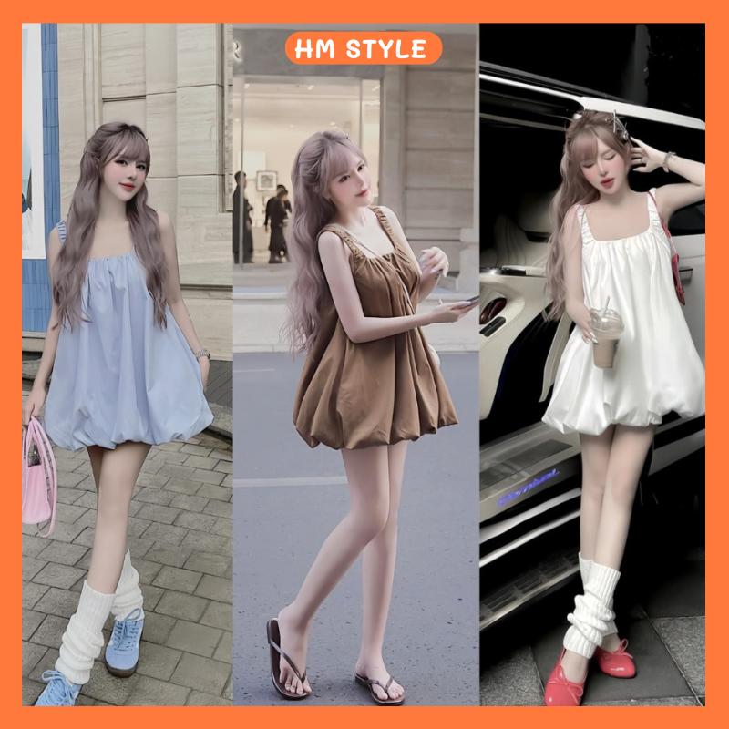 Đầm 2 dây bản to nhún dáng bí xoè bồng váy babydoll chất thô Hàn phong cách tiểu thư HV641