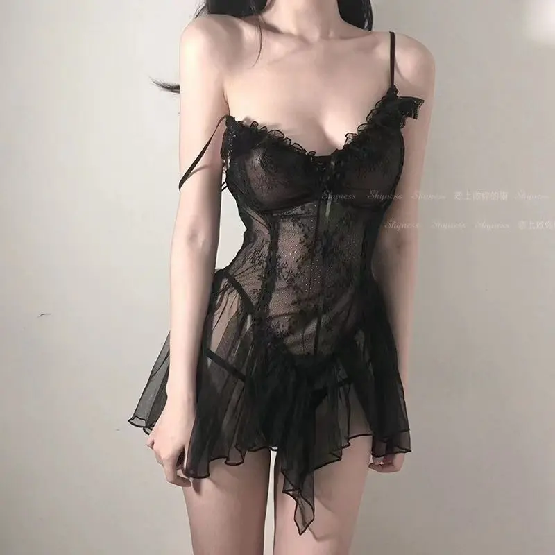 Sexy Lingerie Uniform Seductive Lace plus Size 100.00kg Sexy Sling Nightdress Transparent Hot Night Skirt Suit