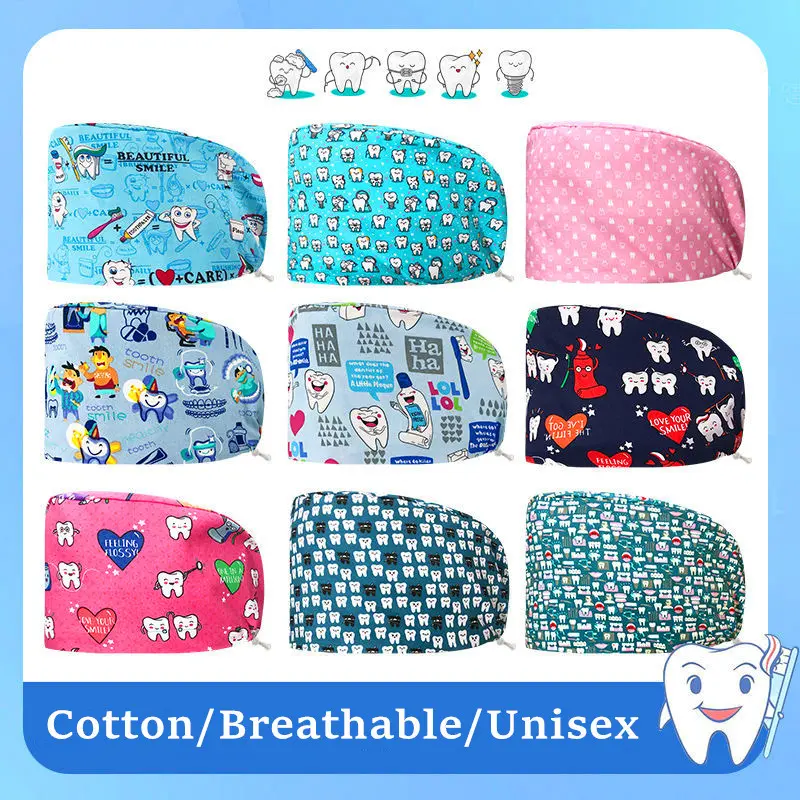 New Fashion Unisex Surgical Scrub Hat Womens Mens Cotton Adjustable Sweat-absorbent Breathable Printed Nursing Hat Clinic Dental Hospital Doctor Nurse Work Cap