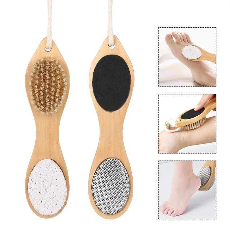 Wooden Handle Pig Bristle Pumice Stone Rub Foot Board Foot Brush Theaceae Pumice Stone Massage Brush Peeling Foot Grinding Tool