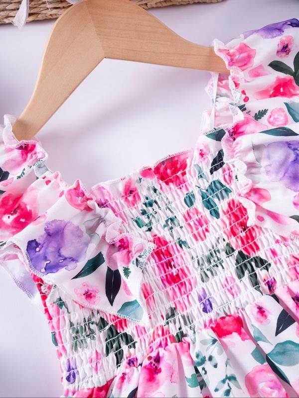 Toddler Girl's Floral Print Frill Ruffle Shirred Tank Dress, Cute Boho Butterfly Sleeve Square Neck A Line Dress for Summer, Kids Clothes for Party Holiday Vacation Wedding Guest 5