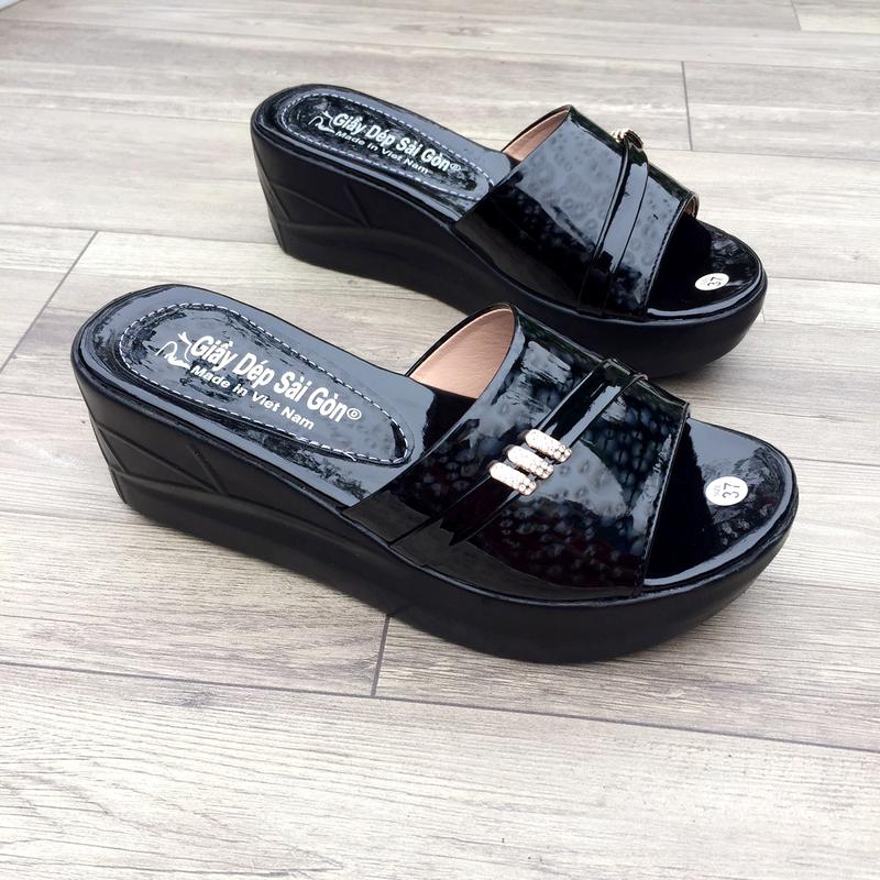 Dép trung niên đế xuồng quai chéo đính đá cao 5cm cho mẹ cho bà - Êm nhẹ