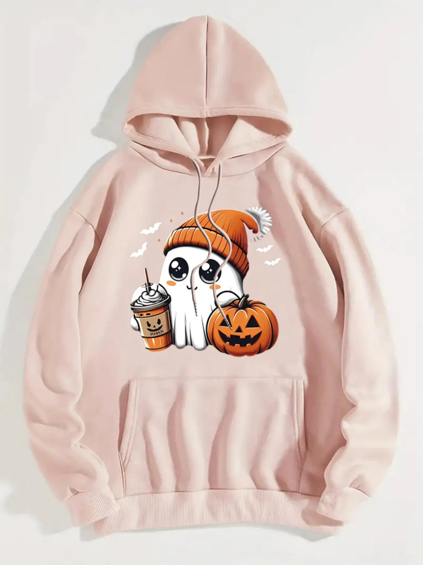 Women's Drawstring Pocket Hoodie, Fashion Casual Halloween Themed Ghost & Pumpkin Print Drop Shoulder Hooded Sweatshirt for Daily Holiday Outdoor Wear, Women Clothing for Fall & Winter