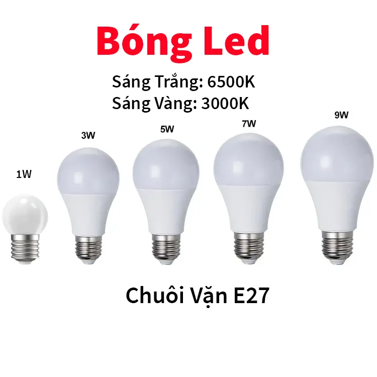 Bóng đèn Led Bulb tròn 1W, 3W, 5W, 7W, 9W Sáng Trắng/Vàng Ấm chống nước, tiết kiệm điện, đui vặn E27