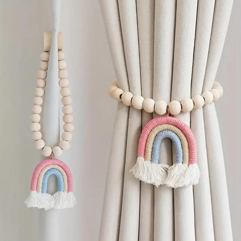Boho Beaded Magnetic Curtain Tie, 1 Count Wooden Curtain Hook, Window Curtain Tieback for Home Decor 5