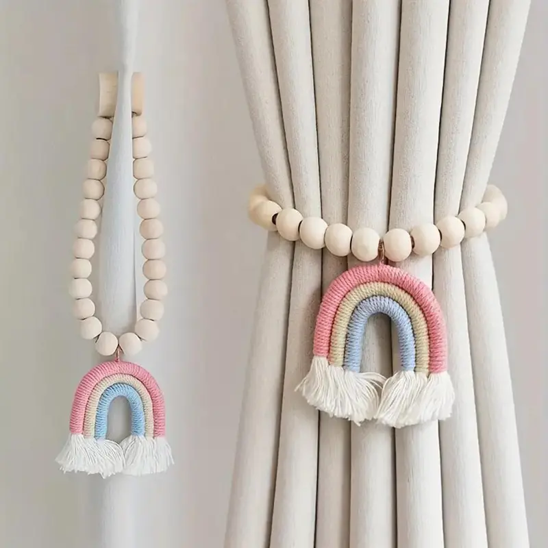 Boho Beaded Magnetic Curtain Tie, 1 Count Wooden Curtain Hook, Window Curtain Tieback for Home Decor 5