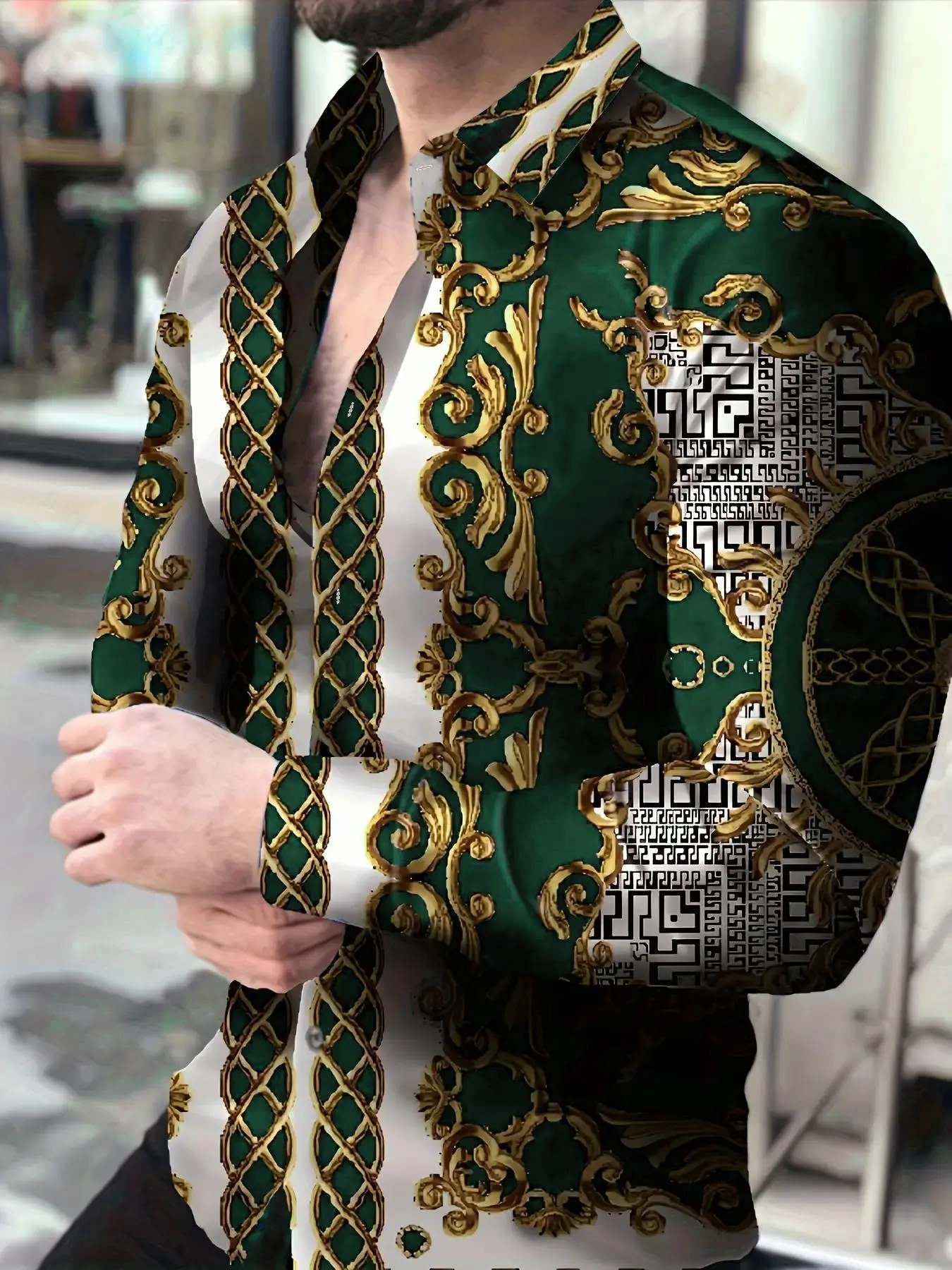 Men's Baroque Print Button Front Shirt, Regular Fit Casual Long Sleeve Collar Shirt for Spring & Fall, Men's Top for Daily Wear, National Day Clothing