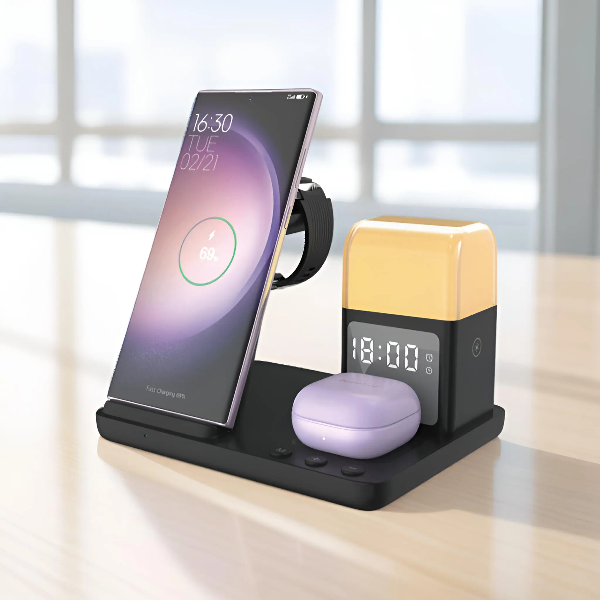 6-in-1 Wireless Charger, 15W Fast Charging Station with Clock & Night Light, Charging Station for Samsung Samsung S24/S23/S22/S21/S20/Z Flip 4/5/6 Fold series, Galaxy Watch & Galaxy Buds