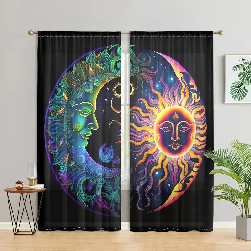 Vintage Sun and Moon Curtains, 2 Counts Semi Transparent Pole Pocket - Digital Printing - Polyester Material - Suitable for Living Room, Bedroom, Home Decoration, Moving Supplies, Moving Decoration, New Home Decoration, Rental House Curtains