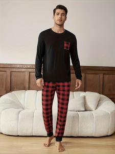 Two-piece Set Men's Pocket Tee & Plaid Pants Pyjama Set, Regular Fit Casual Comfy Round Neck Long Sleeve T-shirt & Trousers Pj Set, Mens Pyjamas, Men's Sleepwear for Spring & Fall, Matching Pajamas