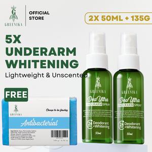 [ FREE ANTIBACTERIAL SOAP on 2 BOTTLES UNDERARM SPRAY ] Greenika 5X Underarm Whitening Spray + Antibac Soap Underarm Spray Skin Whitening Armpit Whitening Underarm Deo Spray Under Arm Dark Spot Remover Fast Deodorant for Dark Underarms Dark Armpit